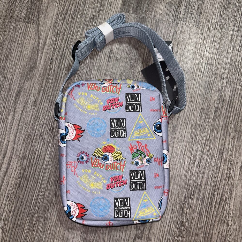 Von Dutch Gray Small Zip Crossbody Bag w/ Adjustable Strap Logo Printed - Picture 6 of 12
